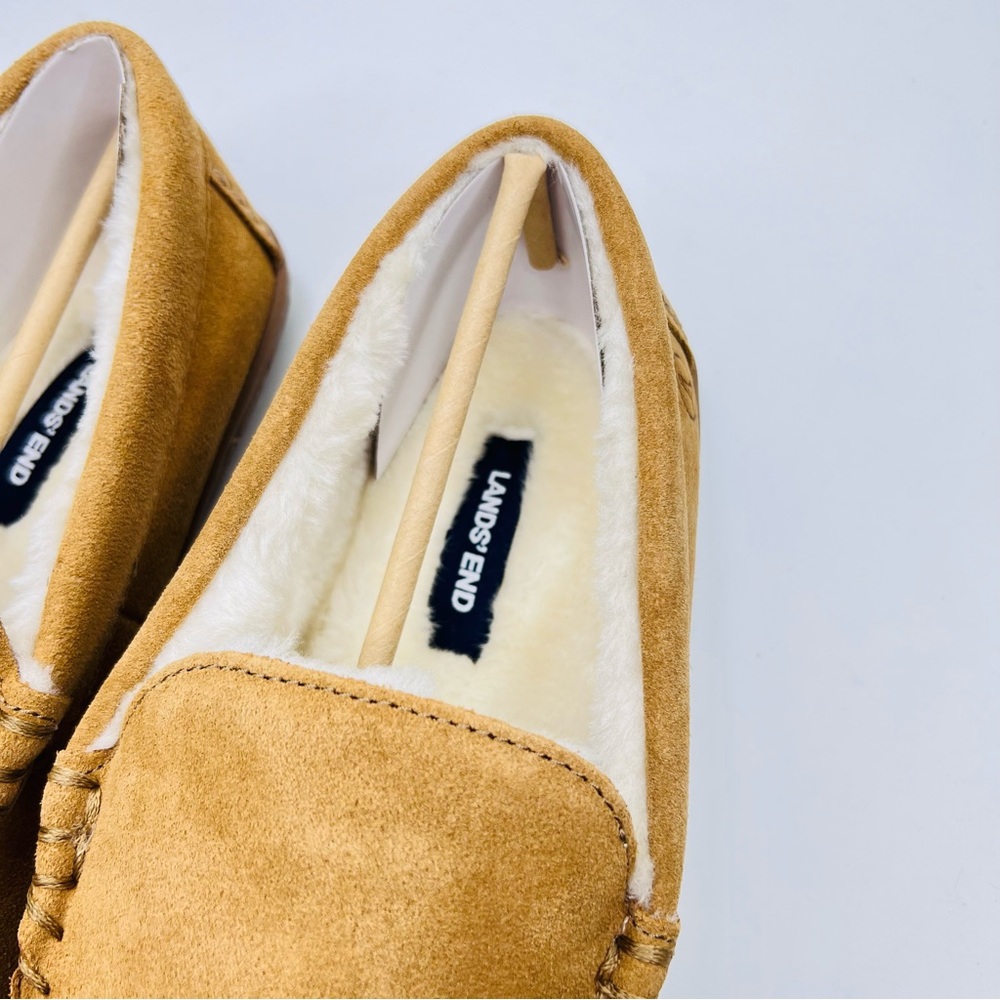 NWT Lands’ End Men’s English Tan Suede Leather Faux Fur Lined Moccasin Slippers - Picture 4 of 15